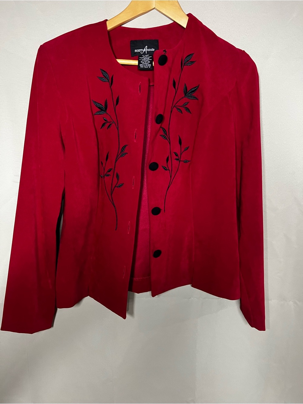 Positive Attitude Red Blazer with Black Floral Embroidery